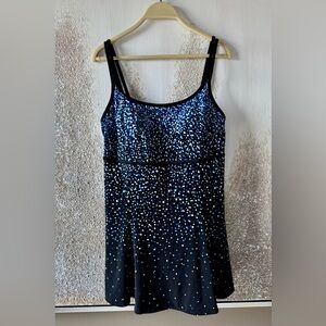 Black and Blue Spotted Slimming  Tummy Control  Swimsuit Dress